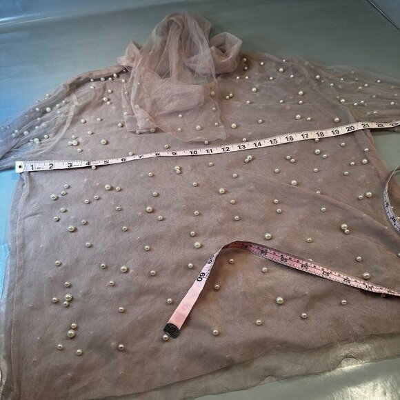 The Moon Pearl Sheer Mesh Blouse Womens Scarf Balloon Long Sleeve High Neck - Picture 11 of 16